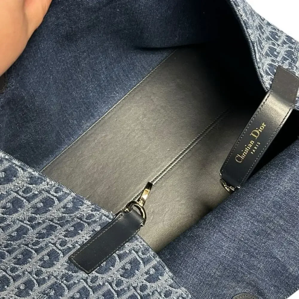 Christian Dior Toujours Blue Denim Oblique Jacquard Double Handle Tote Bag